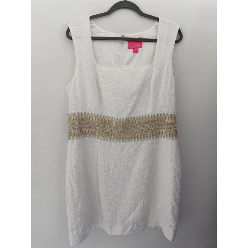 Lilly Pulitzer Rubina Stretch Dress Sz 16 White Floral Jacquard Gold Trim EUC - Picture 2 of 13